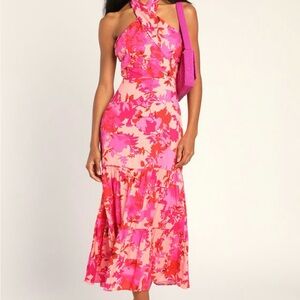 Lulu's Always Eye-Catching Hot Pink Floral Tiered Halter Midi Dress Size M NWT